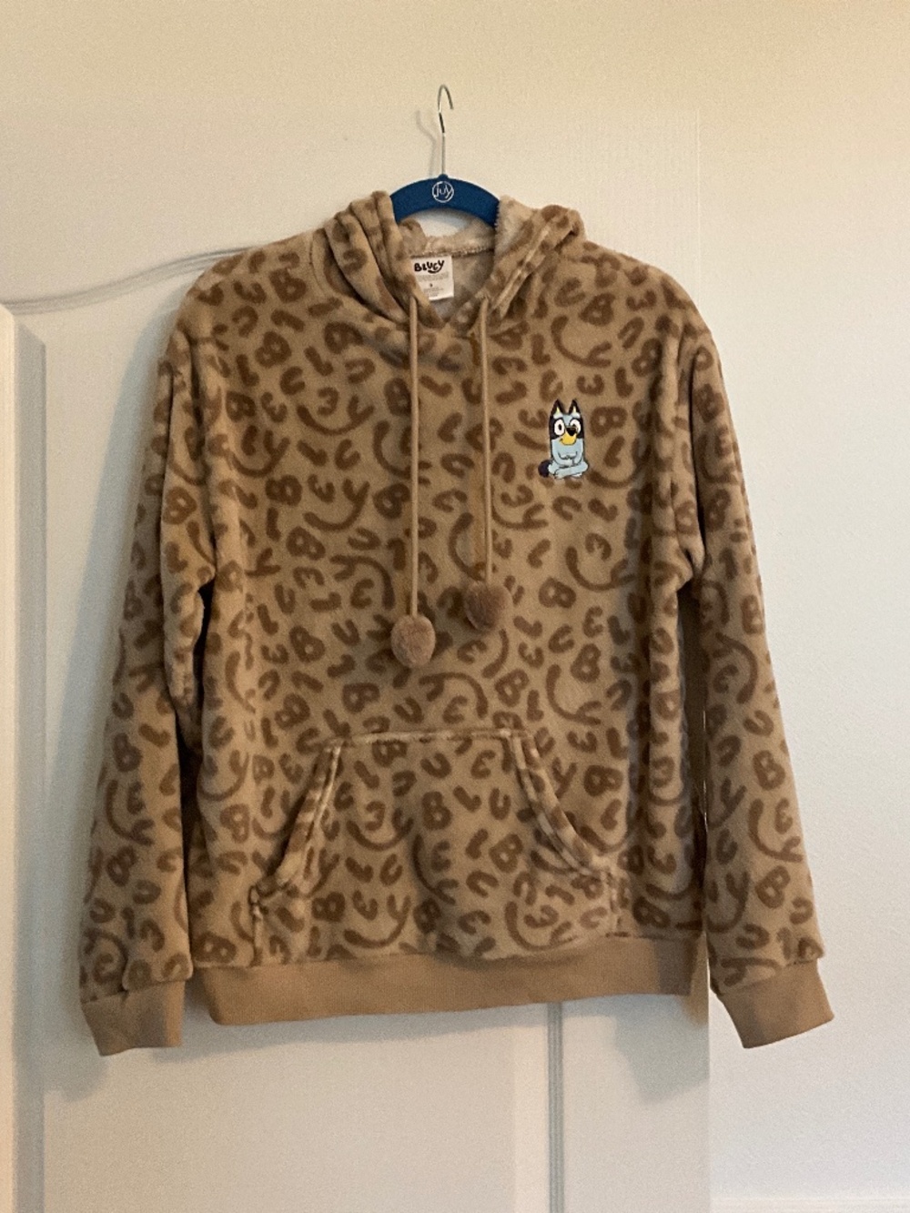 Bluey Cozy Leopard Print Hoodie with Cartoon Patch - Tan/Brown size small NWT